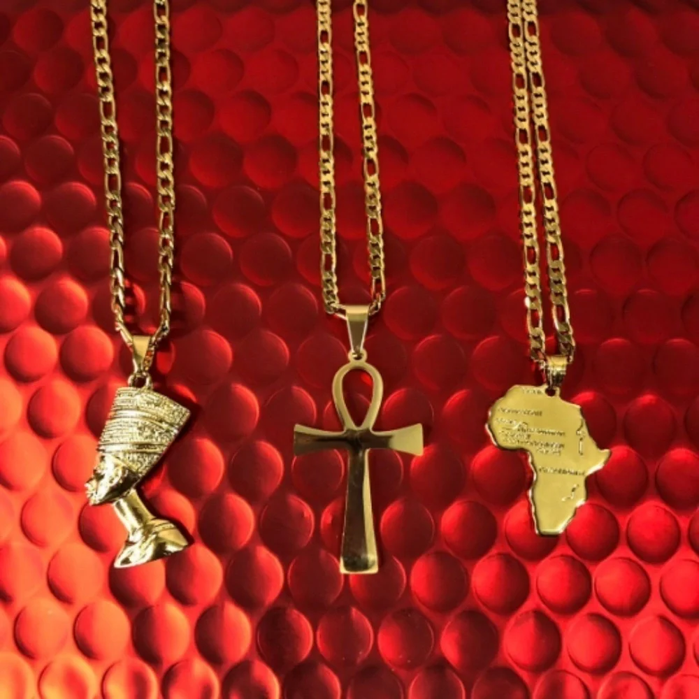 3 piece SET Ankh necklace , mini africa necklace and Nefertiti